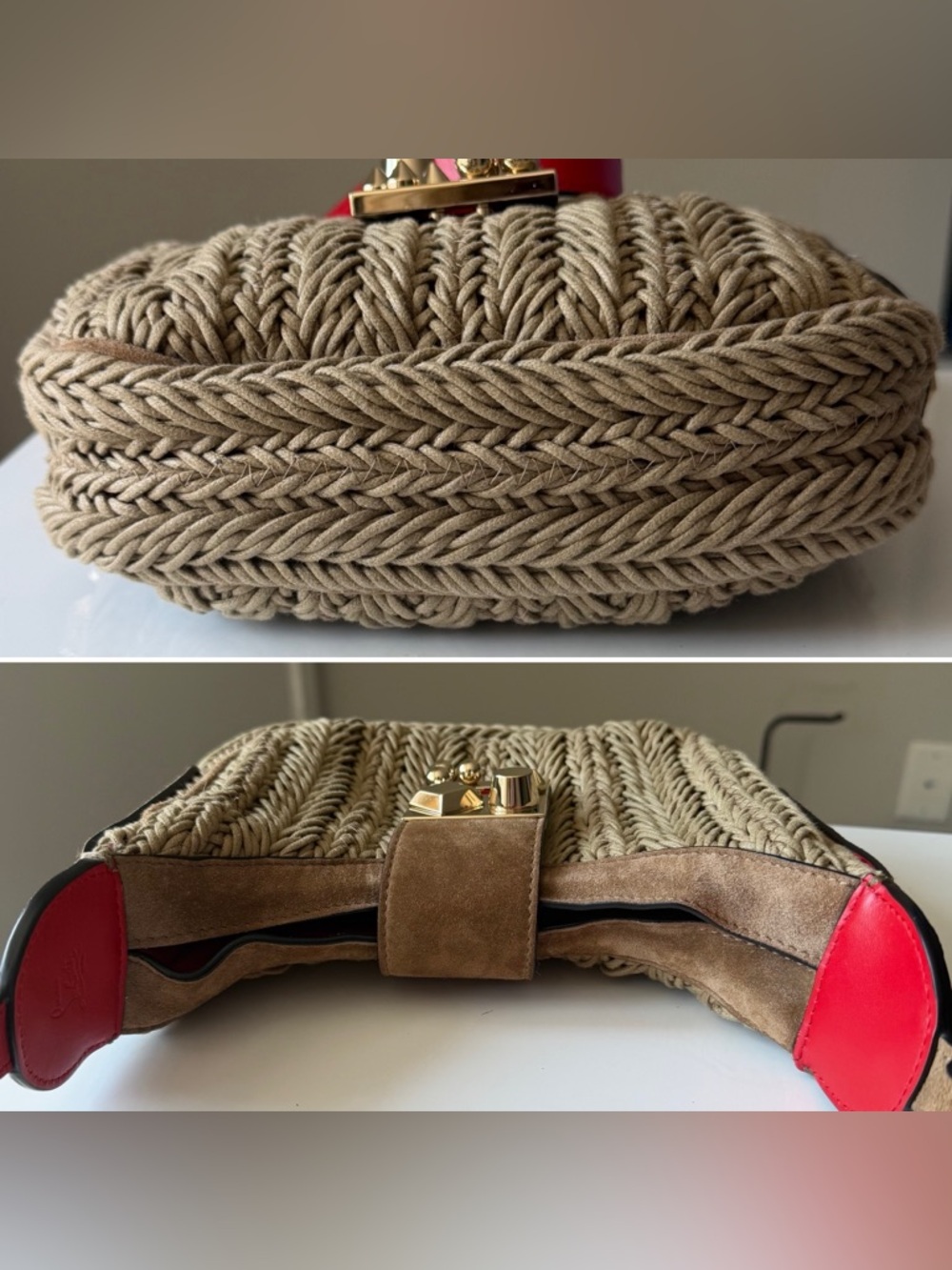 Christian Louboutin Carasky Mini Raffia Bag Gold Stud Crossbody Shoulder - Picture 4 of 14